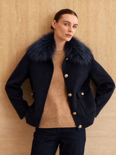 Cashmere Bomber Jacket with Removable Fur Collar in Midnight Navy