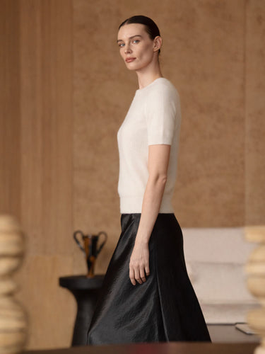 Brushed Cashmere Short-Sleeve Sweater in Soft Ivory
