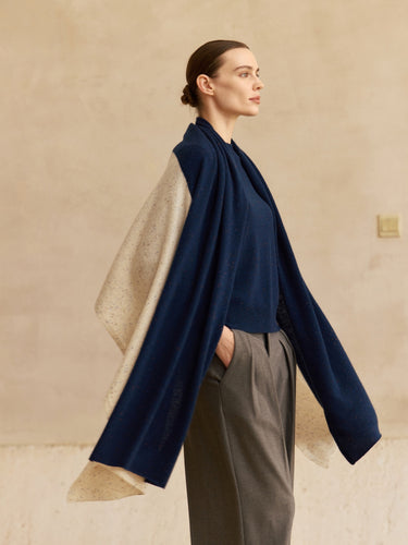 Colorblock Cashmere Travel Wrap in Midnight Navy and Beige Donegal