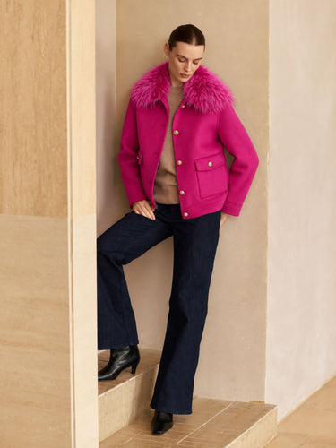 Cashmere Bomber Jacket with Removable Fur Collar in Glow Pink