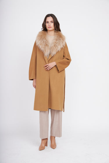 Fur Shawl Collar Cashmere Coat - Camel