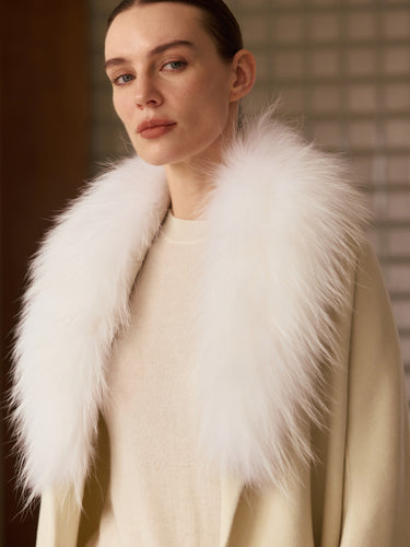 Close-up of the white fur collar framing the neckline of the Soft Ecru Signature Cashmere Wrap Coat.