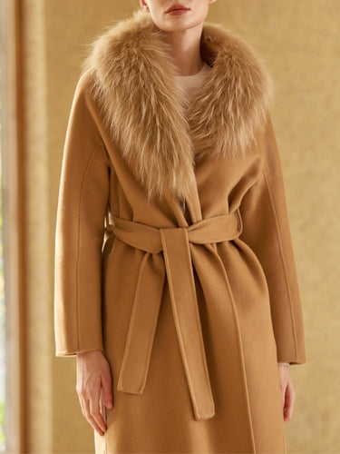 Close front view of the Warm Camel Signature Cashmere Wrap Coat, showing the fur collar, wrap front and self-tie belt.