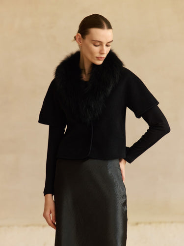 Short-Sleeve Cashmere Jacket with Removable Fur Collar in Jet Black