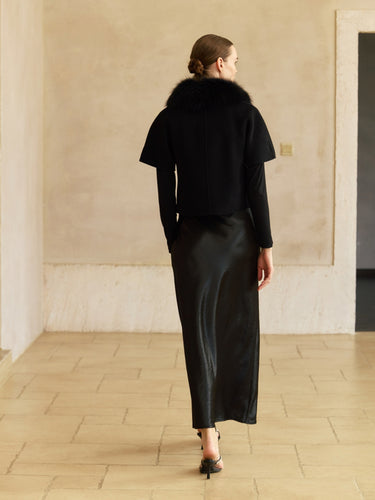 Short-Sleeve Cashmere Jacket with Removable Fur Collar in Jet Black