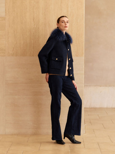 Cashmere Bomber Jacket with Removable Fur Collar in Midnight Navy