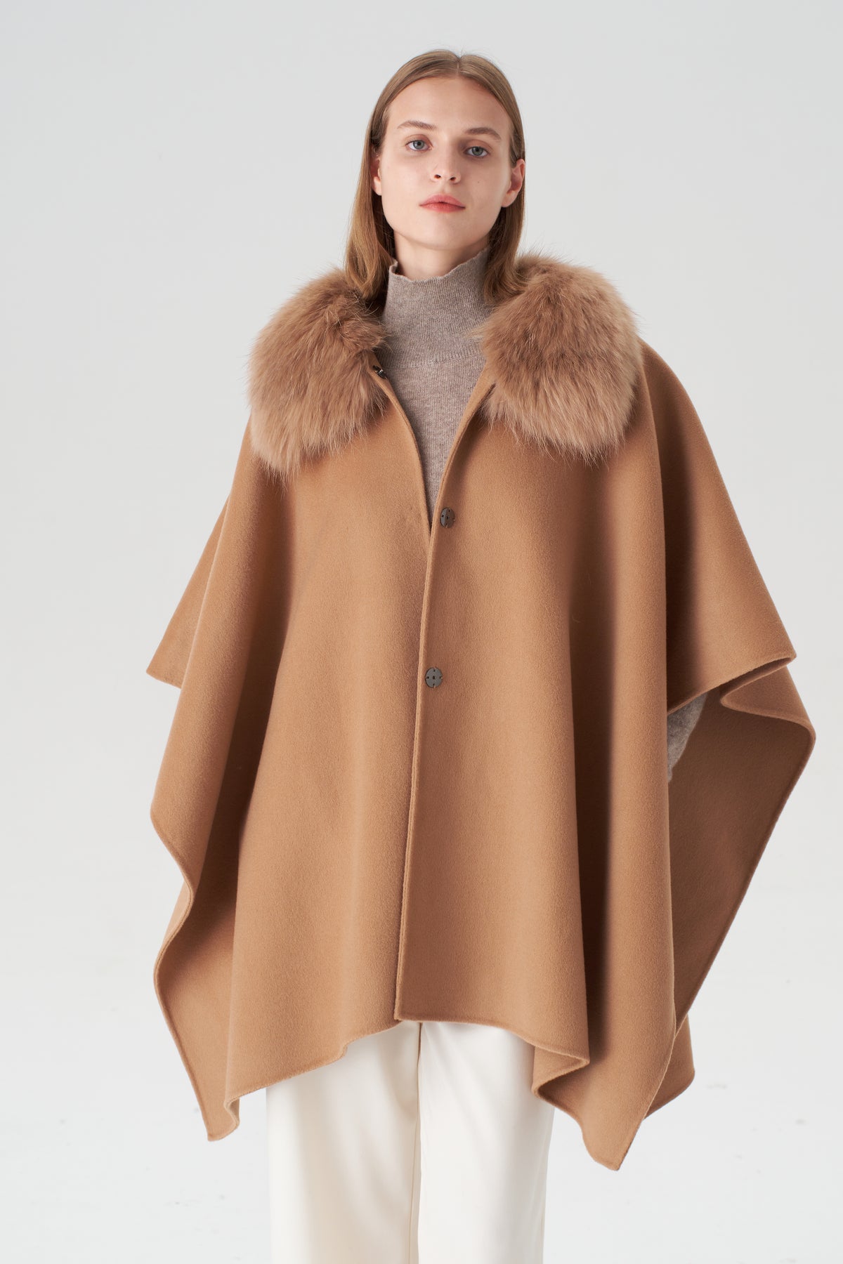 Cashmere Cape with Detachable Fur Collar - Camel – Pissenlit