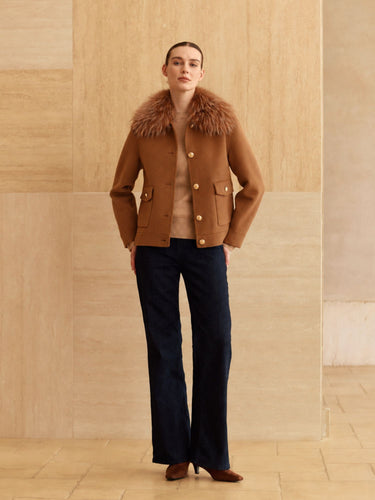 Cashmere Bomber Jacket with Removable Fur Collar in Warm Camel