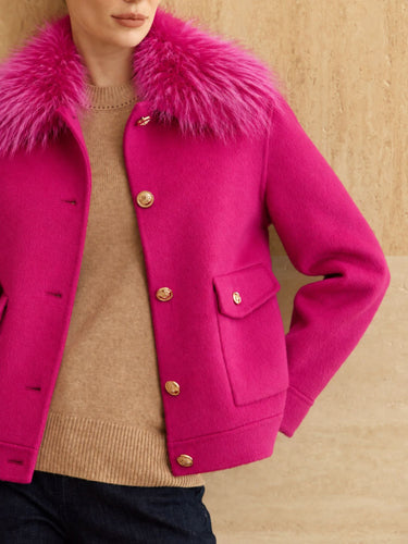 Cashmere Bomber Jacket with Removable Fur Collar in Glow Pink