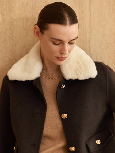 Cashmere Bomber Jacket with Removable Shearling Collar in Espresso Brown