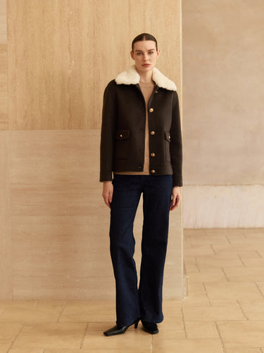 Cashmere Bomber Jacket with Removable Shearling Collar in Espresso Brown