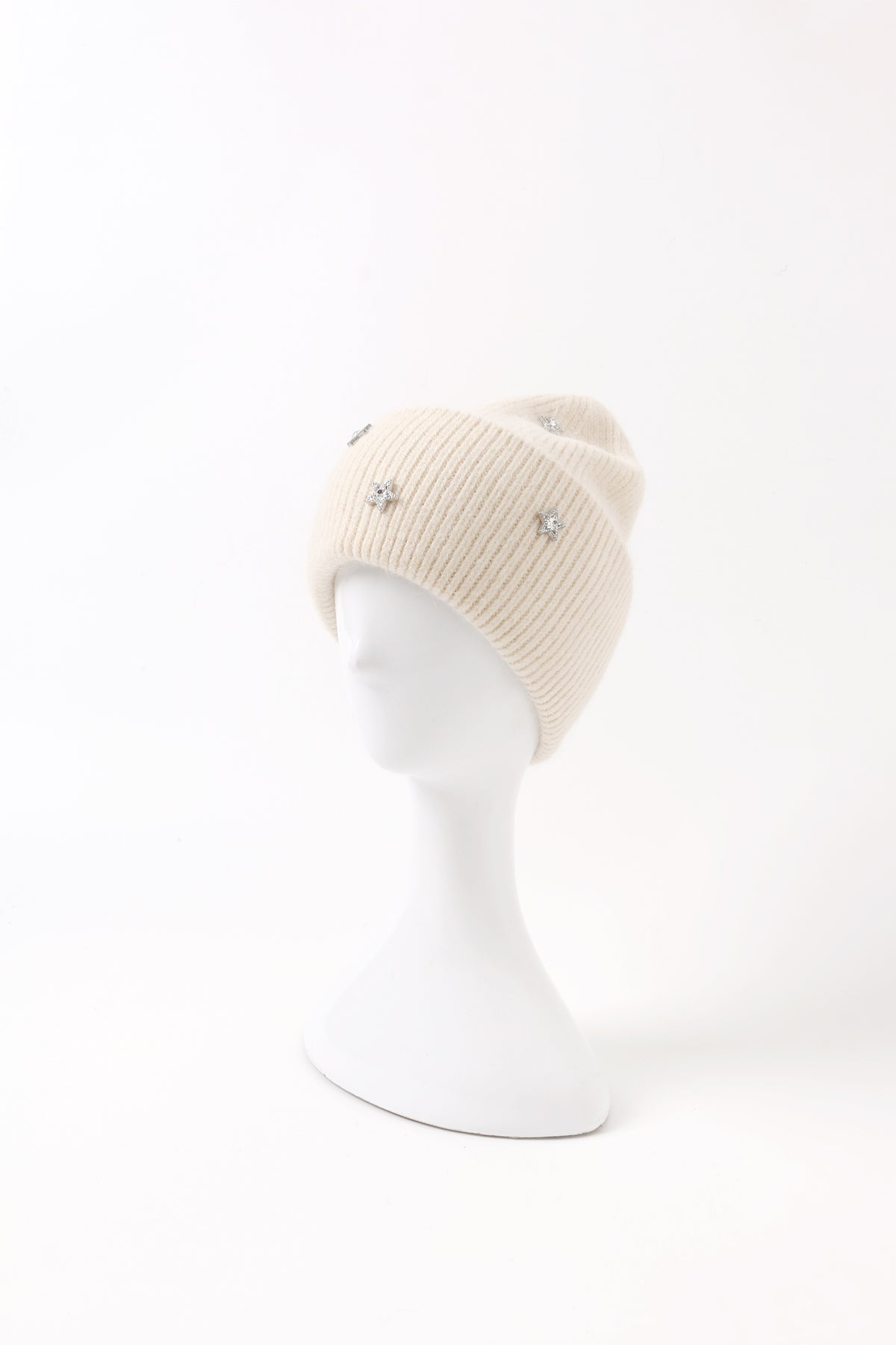 Star Embellished Angora Beanie Hat-beige – Pissenlit display picture 2
