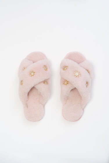 Rhinestone Sheepskin Slippers in Rose Pink