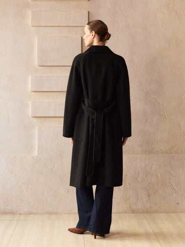 Back view of the Classic Cashmere Wrap Coat in Jet Black, showing the straight silhouette and self-tie belt.