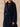 Closer front view of the Midnight Navy cashmere wrap coat, showing the notched lapels, self-tie belt and stitching along the front edge.