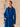 Closer front view of the Royal Blue cashmere wrap coat, showing the notched collar, belted waist and generous sleeves.