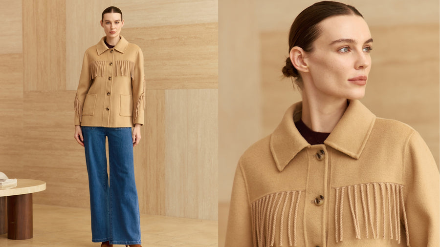 Full-length and close-up views of a model wearing a camel button-front jacket with fringe across the chest and sleeves, paired with wide-leg jeans.