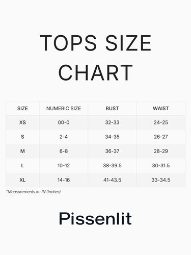 Pissenlit women’s tops size chart for XS–XL, with numeric sizes and bust and waist measurements in inches.