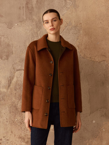 Front view of the Camel side of the Reversible Cashmere Car Coat, showing the button closure and two patch pockets.