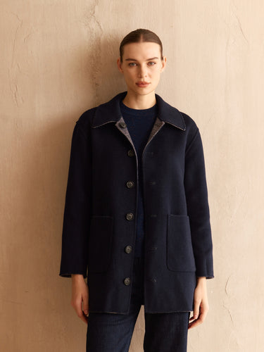 Front view of the solid Navy side of the Reversible Cashmere Car Coat, showing the button closure and two patch pockets.
