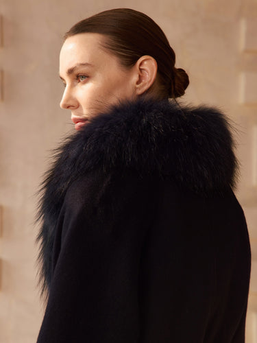 Close three-quarter back view of the Deep Navy Signature Cashmere Wrap Coat, showing the fur collar across the shoulder.