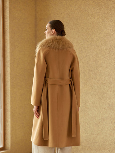 Back view of the Warm Camel Signature Cashmere Wrap Coat, showing the fur collar, long sleeves and belt across the waist.